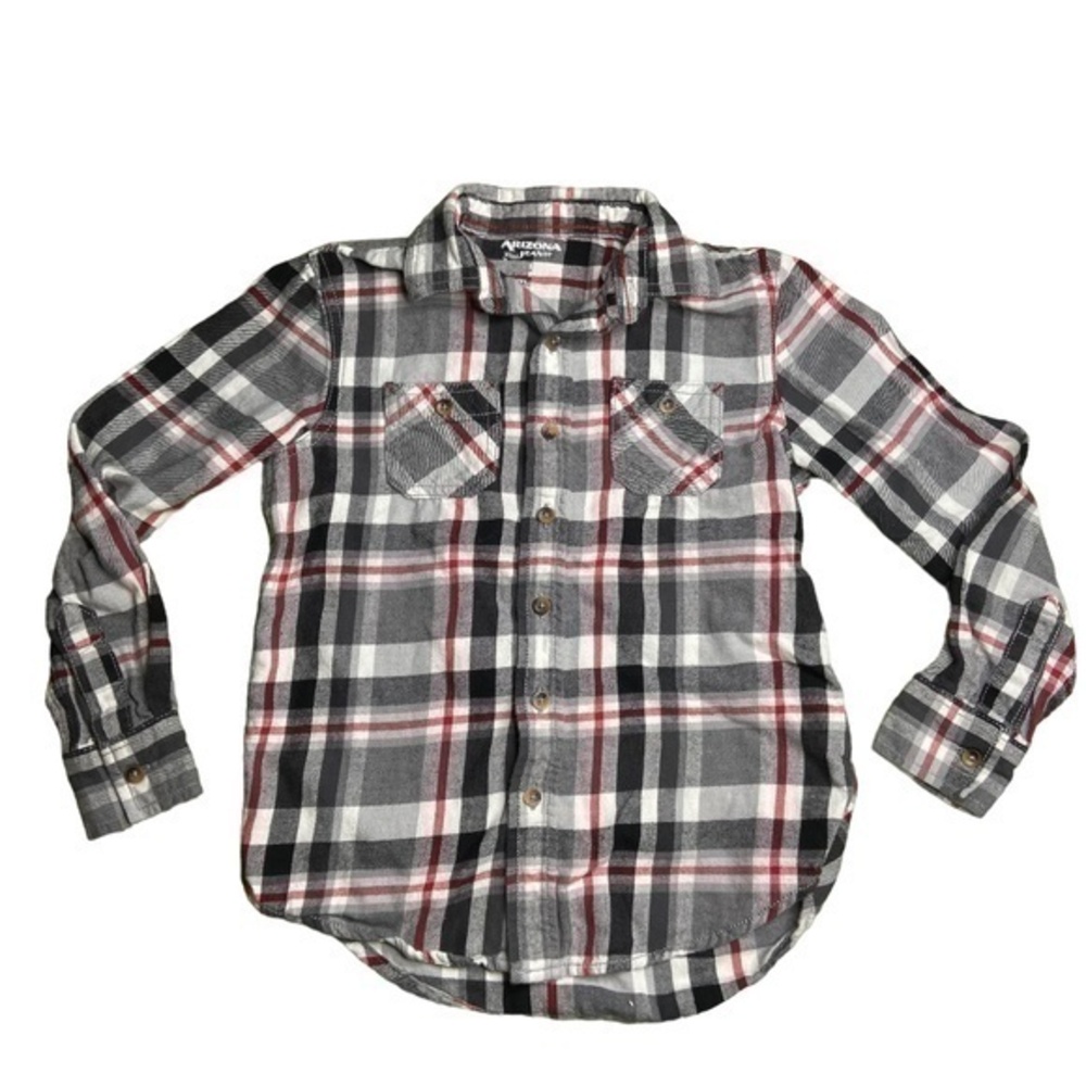 Arizona Jean Co Boys Top Gray Black White‎ Red Plaid Button Down Sz Small 8